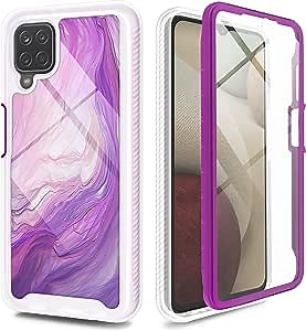 for Samsung Galaxy A12 Case with Built-in Screen Protector, Marble Design Full Body Protection Phone Case for Samsung Galaxy A12 [Hard PC Bumper + Soft TPU] Purple