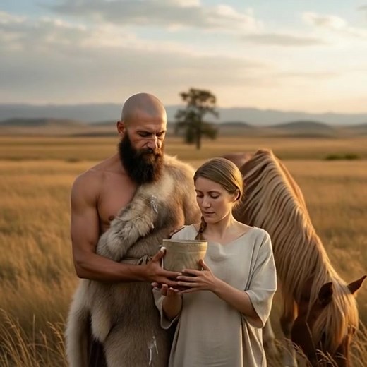 Steppe(Proto-Indo-European) man drinking milk with his Globular amphora Neolithic wife from Northern Europe reconstruction(inspired from ancestral whispers) Credits:-Rtam Степной (протоиндоевропейский) мужчина пьёт молоко со своей неолитической женой культуры шаровидных амфор из Северной Европы (реконструкция, вдохновлённая ancestral whispers) Автор: Rtam @illyrianometer | Dna shitposting