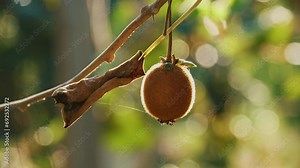 Ripe kiwifruit on the tree surrounded by leaves before picking. Farming and harvesting concept. Close-up. Golden or green kiwi, hairy fruits hanging on kiwi tree in orchard. autumn in the sun at