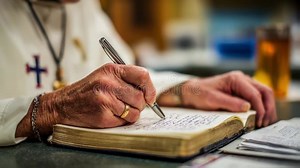 Priest Writing Notes on Bible in Church Stock Video - Video of clergy, necklace: 421745069