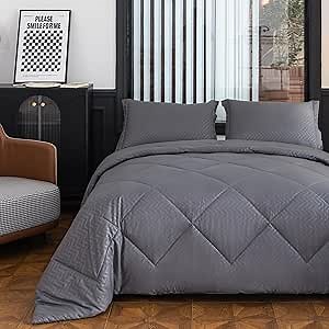 Twin/Twin XL Comforter Set, Waffle Stitching Bedding Sets with Lightweight Solid Long Boho Duvet Insert & 1 Pillowcases, Simple & Modern Bed Set for Adult and Kids-Dark Gray