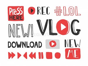 Here, Press, Button, Vlog, Download, New, Me, Lol, Hashtag, Record. Sticker for Social Media Content. Vector Hand Drawn Stock Vector - Illustration of abstract, button: 162036582
