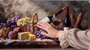 imjiayu Large Wall Art, Kitchen Wall Art, Wine Pictures Wall Decor, Framed Rustic Oil Painting Style Canvas Print, Grape Cheese Bread Still Life Wall Decor, Vintage Dining Room Home Bar Cafe Wall Art, 24"x48"