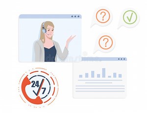 Call Center Service with 24-7 Icon and Video Help Window Call Center Specialist Vector Illustration on White Background Stock Vector - Illustration of feedback, female: 215041512