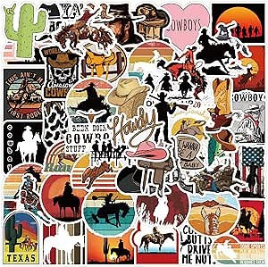 50PCS Cowboy Stickers, Country Western Decals Vinyl Waterproof Stickers for Water Bottle Laptop Luggage Helmet Skateboard Snowboard Guitar Scrapbook Phone Gifts for Teens Girls Kids Adult