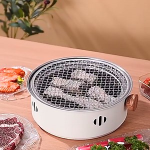 Table Top Grill Charcoal, Portable Charcoal Grill, Tabletop Barbecue Grill With Net Lifter And Wooden Handle, Compact Outdoor Round Non-stick Portable Grill, Kitchen Gadgets, Charcoal Grill For BBQ