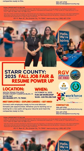 Join us tomorrow morning! Starr County Fall Job Fair & Resume Power up! From 9 AM - 1 PM | RGV Operation Get Hired