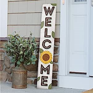 My Word! Welcome White Sunflower Welcome Sign and porch leaner for Front Door, Porch, Yard, Deck, Patio, or Wall - Indoor Outdoor Decorative Farmhouse Rustic Vertical Home Decor – 8”x46.5”