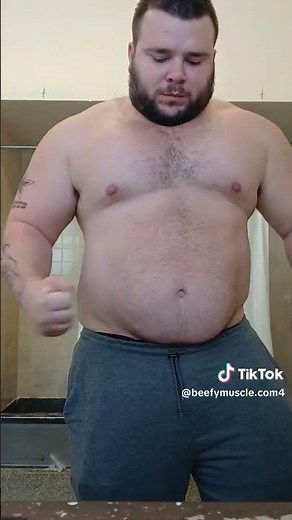 Big Beefy Shirtless Muscle Bear: Bearded, Tattooed, showing off muscled arms, hairy chest & belly 😍🔥