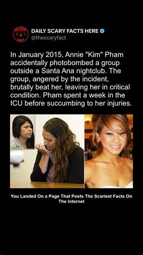Thescaryfact ™ on Instagram: "In January 2015, Annie “Kim” Pham was standing outside a nightclub in Santa Ana, California, when she accidentally photobombed a group’s picture. This seemingly harmless moment escalated into a violent confrontation, as members of the group began beating her. The attack left her in critical condition, and after a week in the ICU, she tragically passed away. The assault was captured on bystander videos, which later played a critical role in identifying the attackers.