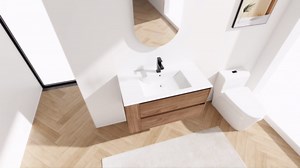 36 inch Bathroom Vanity with Ceramic Sink, Floating Bathroom Vanity Cabinet with Soft Close Drawers & Open Storage Shelves, Modern Wall Mounted Single Sink Bathroom Vanity, Brown Oak