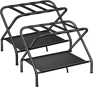 2 Pack Luggage Rack, Folding Suitcase Stand, Metal Luggage Holder, Heavy-Duty Luggage Stand with Storage Shelf, Luggage Racks for Guest Room, Bedroom, Hotel Space Storage Rack, Black