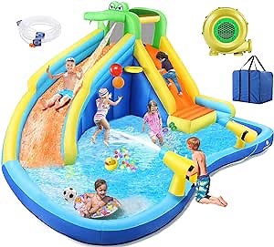 WHUBEFY Inflatable Water Slide Bounce House,Crocodile Water Bouncy House with Slide for Big Kids 3-12,Water Park Outdoor/Indoor Water Slide for Backyard Party with Climbing Wall&Long Slide&Splash Pool