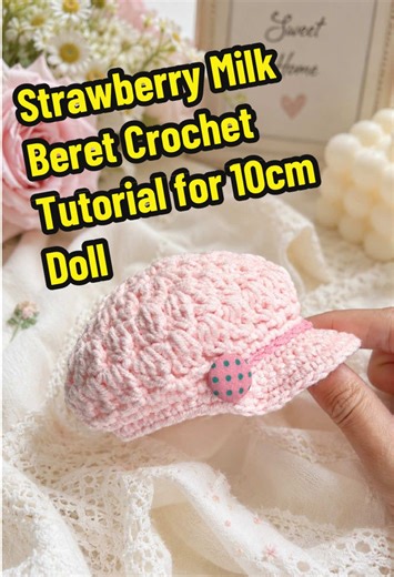 Crochet Strawberry Milk Beret for 10cm Dolls