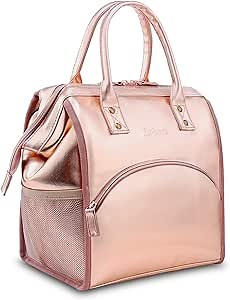 LOKASS Lunch Bag for Women Insulated Lunch Box Cooler Bag Large Lunch Tote Luxury Snacks Organizer for Adults College Work Shopping Picnic Hiking Beach, Water-resistant, Wide-Open, PU - Rose Gold