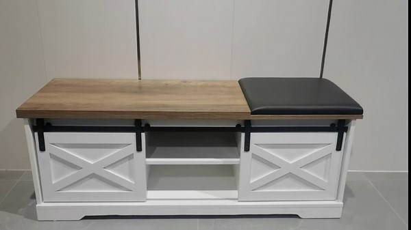 Farmhouse Entryway Bench with Cushion and Hidden Shoe Storage Compartment, Grey