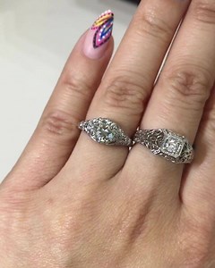 Ring finger: Estate filigree engagement ring & middle finger: New antique inspired filigree ring 😍 | James Douglas Jewelers