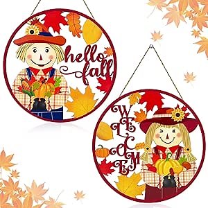 2 PCS Hello Fall Welcome Sign Fall Door Decorations Fall Scarecrow Wooden Door Sign Autumn Harvest Maple Leaf Wood Door Hanger for Indoor Outdoor Home Wall Hanging Decor Farmhouse Thanksgiving Decor