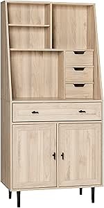 Walker Edison Secretary Hutch Wood Desk with Keyboard Drawer Bookshelf Storage Home Office Storage Cabinet 64 Inch, Birch