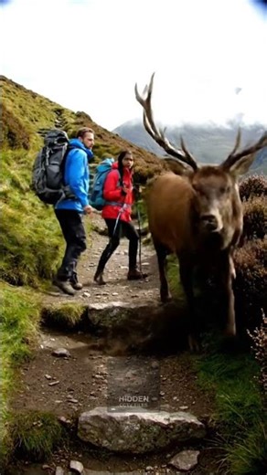UK Hiking Trail Cam: Stag Confronts Walkers on Narrow Path | Tense Wildlife Encounter