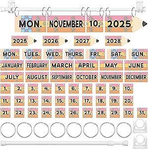 Retro Pencil Shape Flip Calendar with Adjustable Calendar Holder and 54 Date Cards Classroom Set for Home Back to School Classroom Decoration Supplies(Eucalyptus)