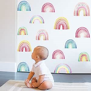 Rainbow Wall Decals for Girls Bedroom 8 Sheets Boho Wall Decals Peel and Stick Watercolor Rainbow Wall Stickers for Kids Room…