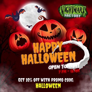 Happy Halloween! 🎃 Free “Lights on” Trick-or-Treating for kids from 5pm-6:45pm. Kids costume contest at 6:30pm. Haunted Attractions open 7pm-midnight. Teen & adult costume contest at 9:30pm. | Nightmare Factory