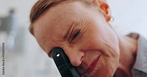 Eye exam tools, woman and face of optometrist for vision test, ocular healthcare support or assessment. Funduscopy, optometry equipment and mature oculist with ophthalmoscope to check for glaucoma