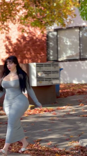 Elegant Autumn Walk in a Gray Dress