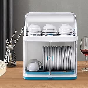 2 Tier Dish Drying Rack Drainboard Set Kitchen Dish Rack with Lid Cover Plastic Small Utensil Holder Rack for Kitchen Plate Cup Dish Storage Box Blue