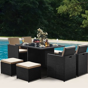 [Hot Item] 9PCS Waterproof Patio Furniture Rattan Wicker Dining Table Conversation Outdoor Garden Sofa Set