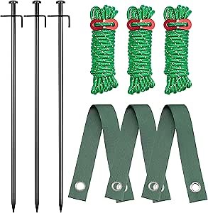 Kingsyard Tree Stakes and Supports, 16 Inch 3 Pcs Steel Heavy Duty Tree Stake Kit for Leaning Young Trees Straightening Kit Against Bad Weather, with 6Pcs Straps & 6Pcs 13ft Anchor Ropes