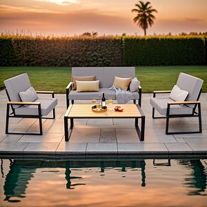 Asofer4 PCS Patio Furniture Set, Asofer 5 PCS Patio Furniture Set, Outdoor Conversation Sectionals, Rattan Chairs Sofa with Cushion & Glass Table, Gray
