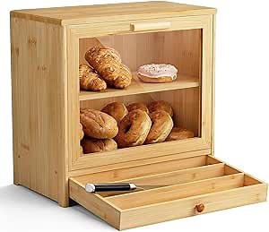 Bamboo Bread Box for Kitchen Counter: Large 2-Tier Bread Storage Container Bin with Drawer | Farmhouse-Style Bread Holder with Window | Easy Self-Assembly