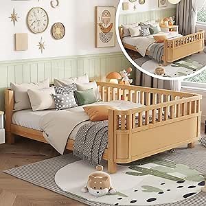 Full Size Kids Bed with Rails, Wood Full MontessoriBed Frame with Slats Support, Low to Ground Modern Baby Bed Daybed with Detachable Side Rails for Boys Girls Bedroom, Natural