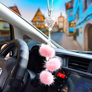 Pink Car Rear View Mirror Hanging Accessories for Women, Bling Diamond White Heart Charm and Pink Plush Ball Windshield Mirror Decor, Girly Lucky Ornament Pendant Pink Car Interior Decoration