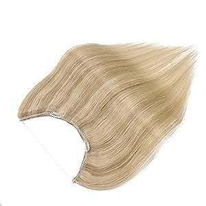 100% Human Hair Extensions Human Hair Wire In Hair Extensions One Piece Secret Fish Line Hair Piece Transparent Invisible Rubber Band Long Silky Straight #18P613 Ash Blonde&Bleach Blonde 20'' 70g