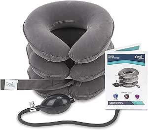 Cervical Neck Traction Device by DaviSmart, Inflatable Collar Brace, Adjustable Neck Stretcher, Neck Support, Ideal for Spine Alignment and Chronic Neck Pain Relief + Eye Mask (Gray)