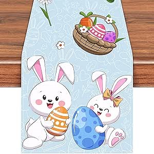 Labeol Easter Table Runner, 72x13 Inch Easter Eggs and Bunny Rabbit Blue Table Runner for Spring Party Kitchen Decor