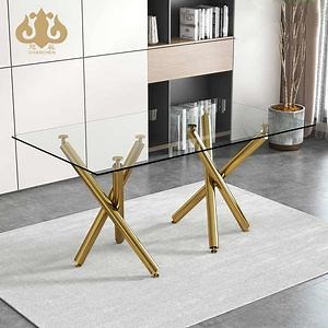 [Hot Item] Modern Glass Dining Table X-Shaped Stainless Steel Legs Wedding Banquet Furniture