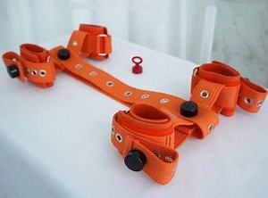 [Hot Item] Set of Orange Wrist and Ankle Cuffs Restraints with Segufix Locks Prisoner Prison Hogtied Handcuffs Bondage Institutional