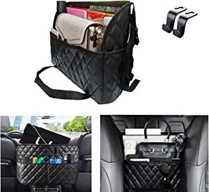 Purse Holder for Car, Car Handbag Holder Between Seats-Auto Storage for Women Interior, Black Leather Car Net Pocket Handbag Holder for Car Organizers and Storage with 2 PCS Car Seat Hook