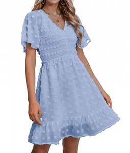 Weardear Womens Dresses Casual Vacation Beach Dresses for Women V Neck Smocked Short Sleeve Ruffle Hem Mini Dresses Flowy Summer Dresses