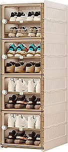 Shoe Storage Box, Foldable Shoe Rack Organizer with Clear Door,No Assembly Sturdy Clear Collapsible Shoe Rack,Shoe Organizer Storage Bin with Lid for Living Room (White, 8 Tiers-16 Pairs)