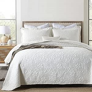 Brandream Queen King Size White Quilt Set Cotton Ivory Farmhouse Bedding Queen Size Bedspreads Coverlet Set (Quilt 98x106 Standard Size Pillow Shams)