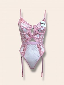 Floral Vibrant Pink Embroidery Lace Teddy Bodysuit, Garter Belt Set, Gift for Women - Etsy