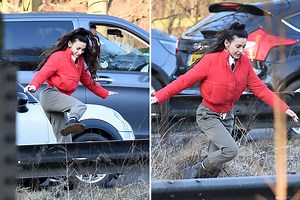 Michelle Keegan legs it across a motorway as she films daring Brassic scenes
