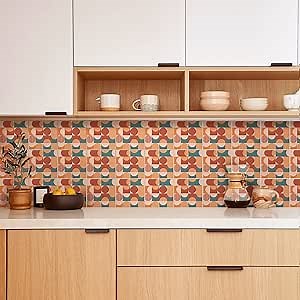 Boho Art Peel and Stick Vinyl Tile Stickers, Self-Adhesive Wall Tile Decals, Waterproof Backsplash Stickers for Kitchen Bathroom Decor, Geometric Color, 8x8inch/20x20cm, 10Pcs