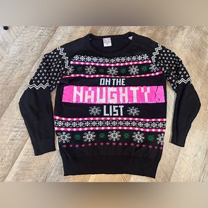 UGLY SWEATER “Naughty/Nice List” changing letters, black size youth XL/ladies XS
