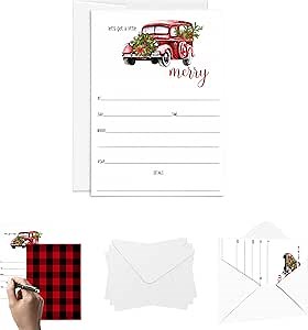 A Little Merry Christmas Invitations with Envelopes (25 Pack) - Rustic Truck Holiday Party, Open House, Jingle and Mingle - 5x7 Blank Cards
